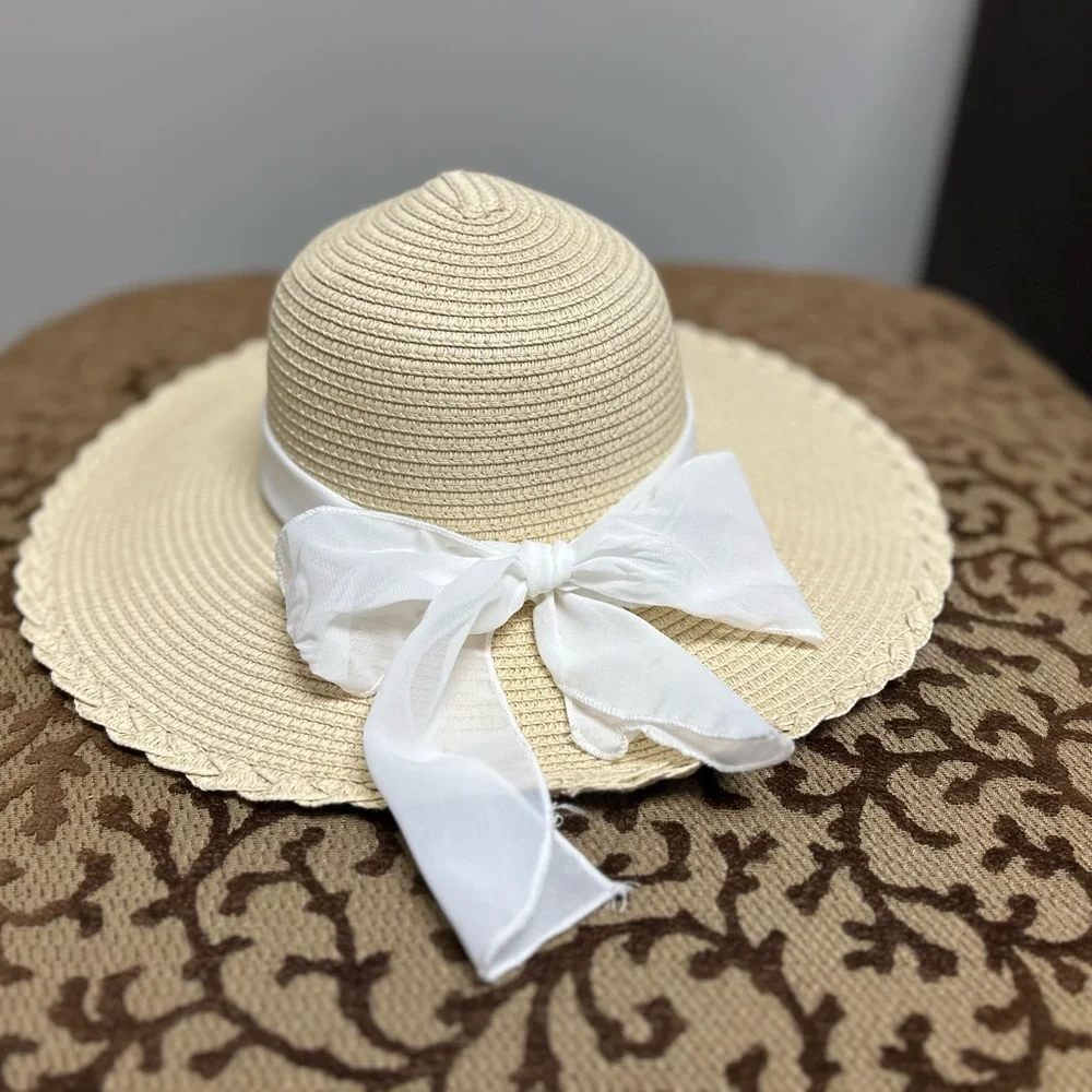 Straw Sun Hat with White Bow - Women's Beach Hat